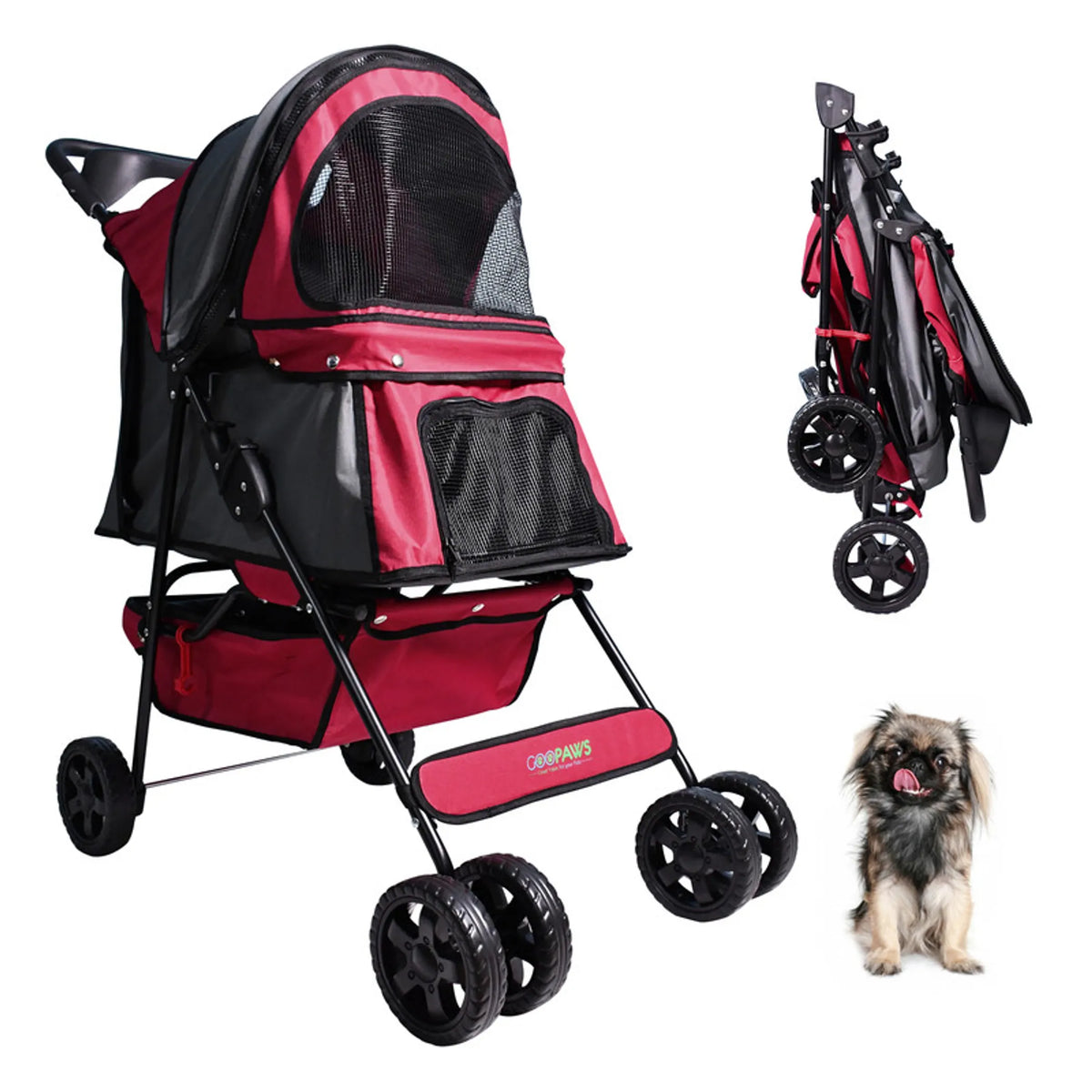 GOOPAWS 4 Wheel Dog Stroller, 36-in - Maroon, 31"L X 19.6"W X 35.5"TH, 1