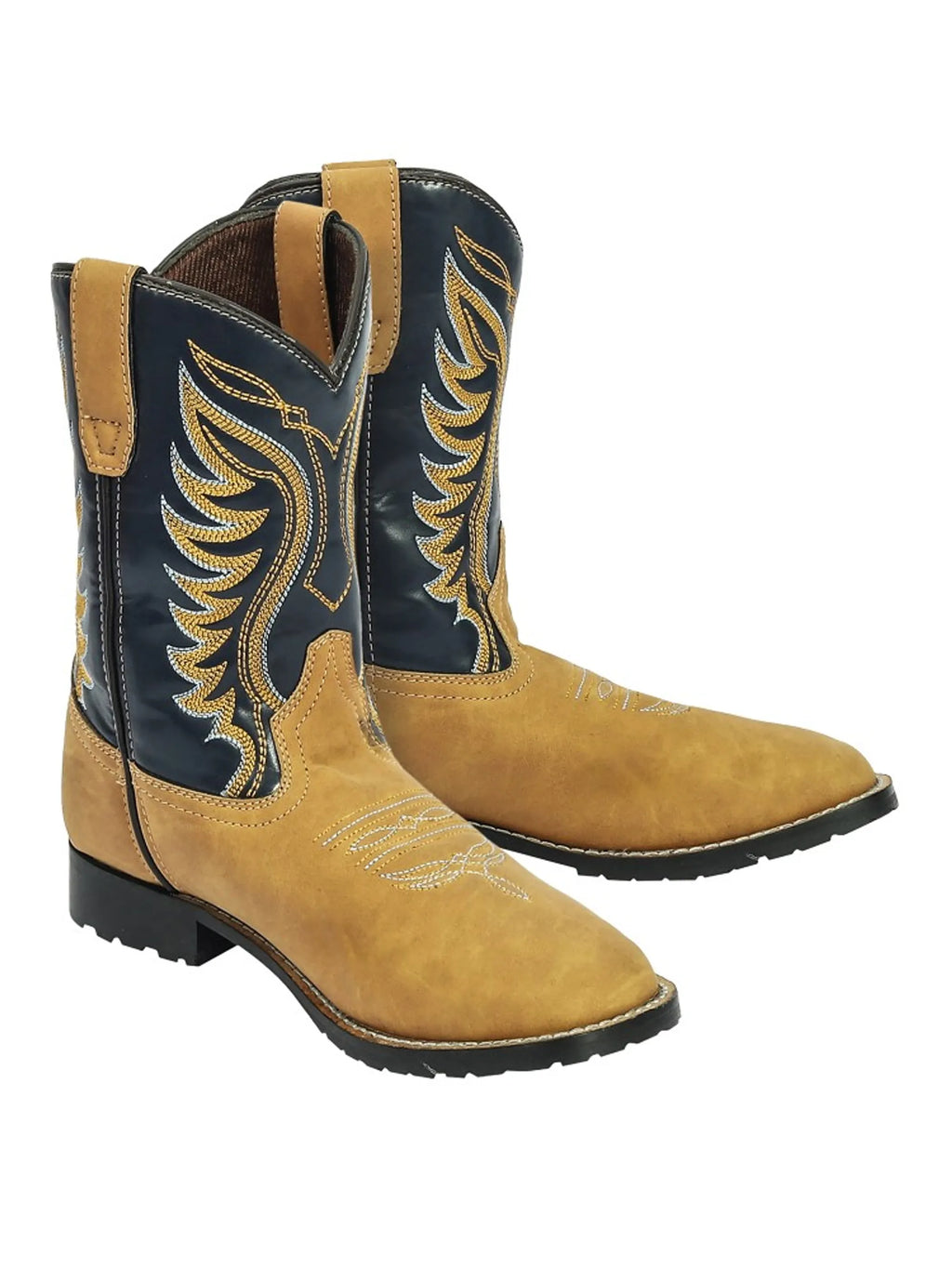 TuffRider Children's Lassen Rounded Toe Western Boot- Tan w/ Navy- 10C