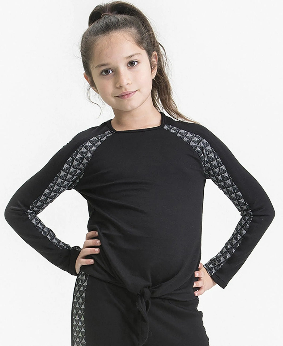Tie Front Top Ft Spliced Jacquard Sleeves