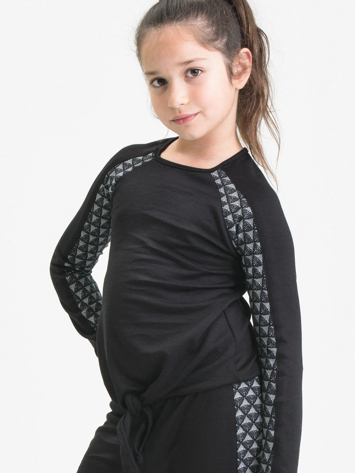 Tie Front Top Ft Spliced Jacquard Sleeves