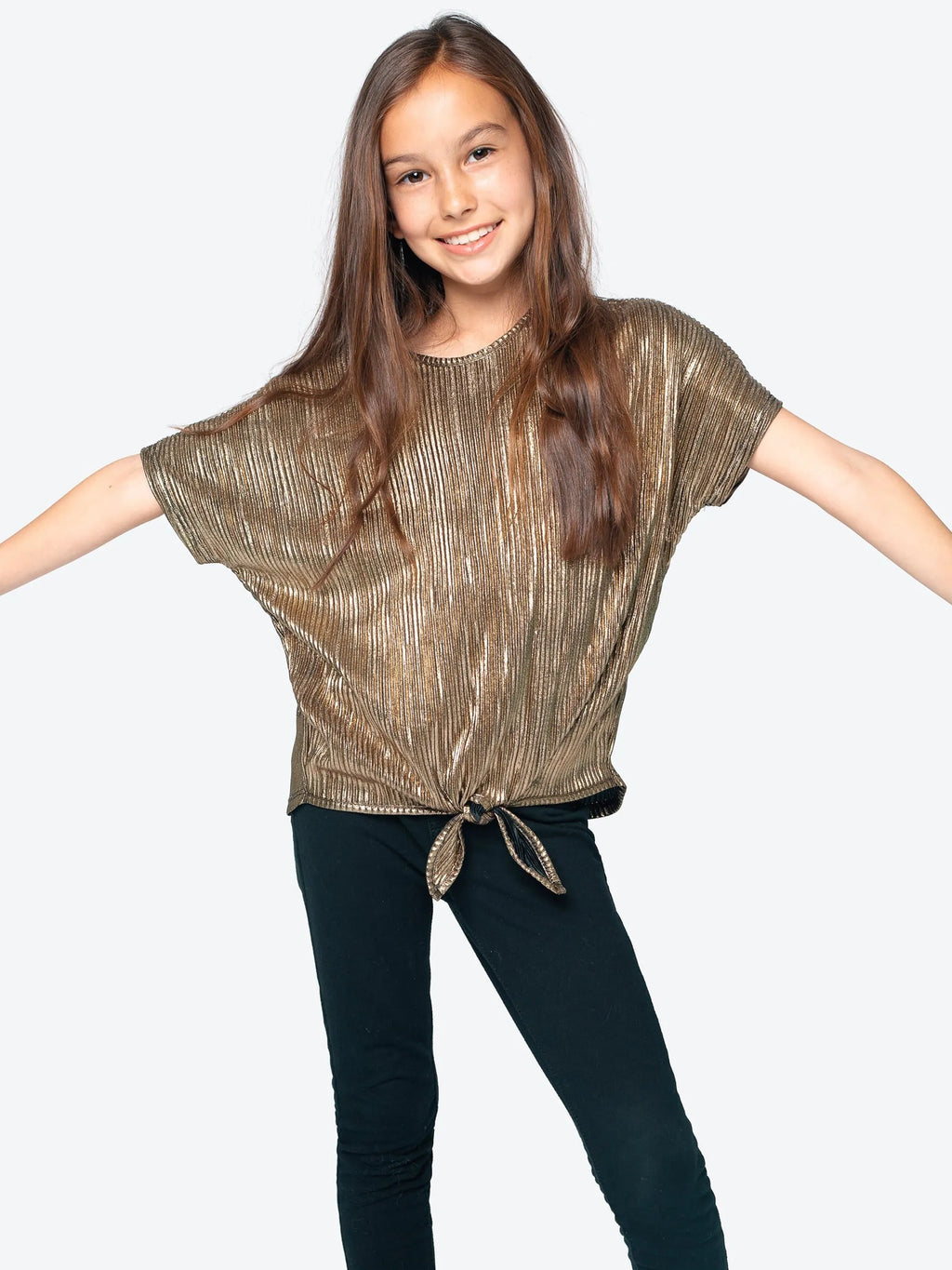 Bodre Pleated Foil Tie Front Top