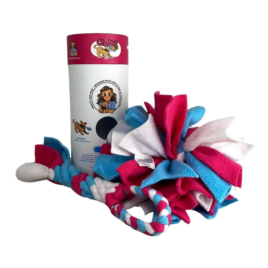 3-in-1 Enrichment Tube for Dogs - Tug Toy, Treat Dispenser & Snuffle Ball - Blue