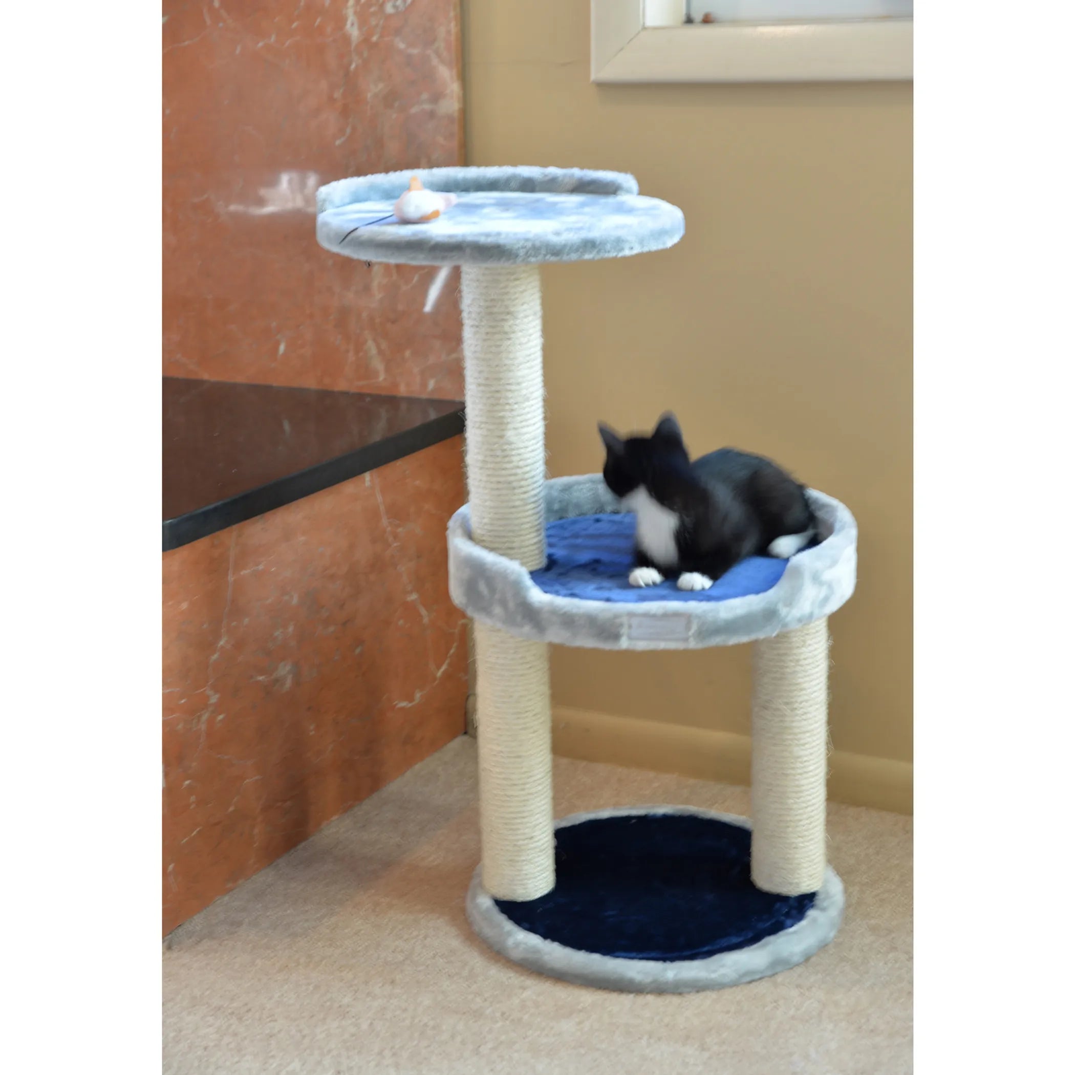 3 Level Real Wood Cat scratcher, x2905, Gray W Plush Perch