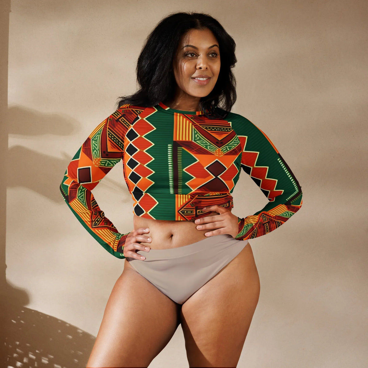 Kente Print African Women's Long Sleeve Crop Top
