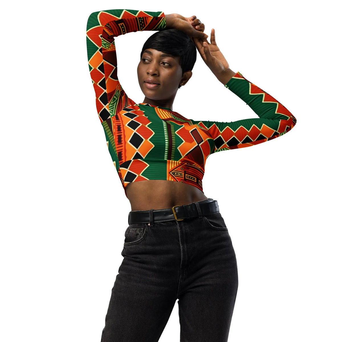 Kente Print African Women's Long Sleeve Crop Top