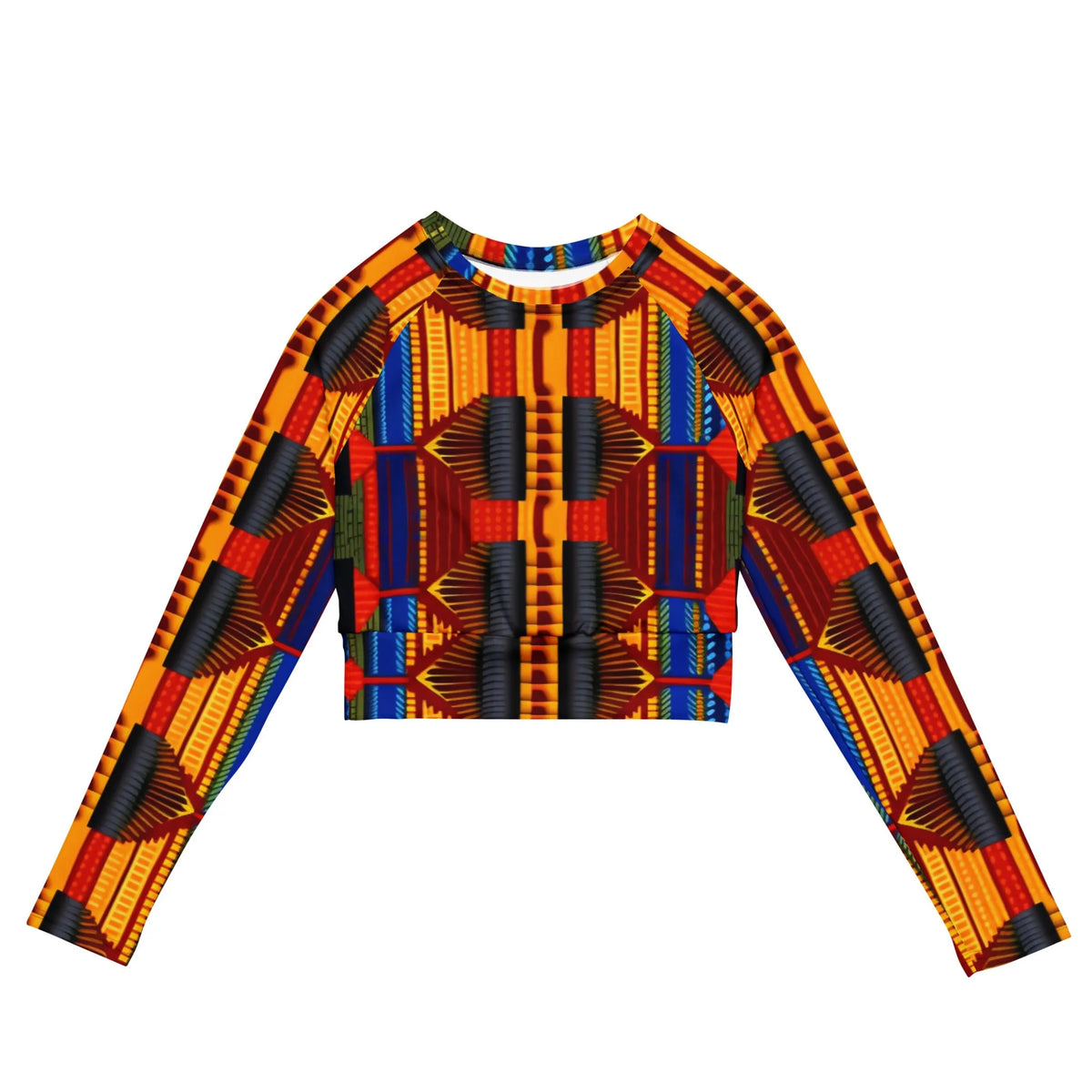 Yellow Blue African Kente Women's Longsleeve Crop Top - XS, 1
