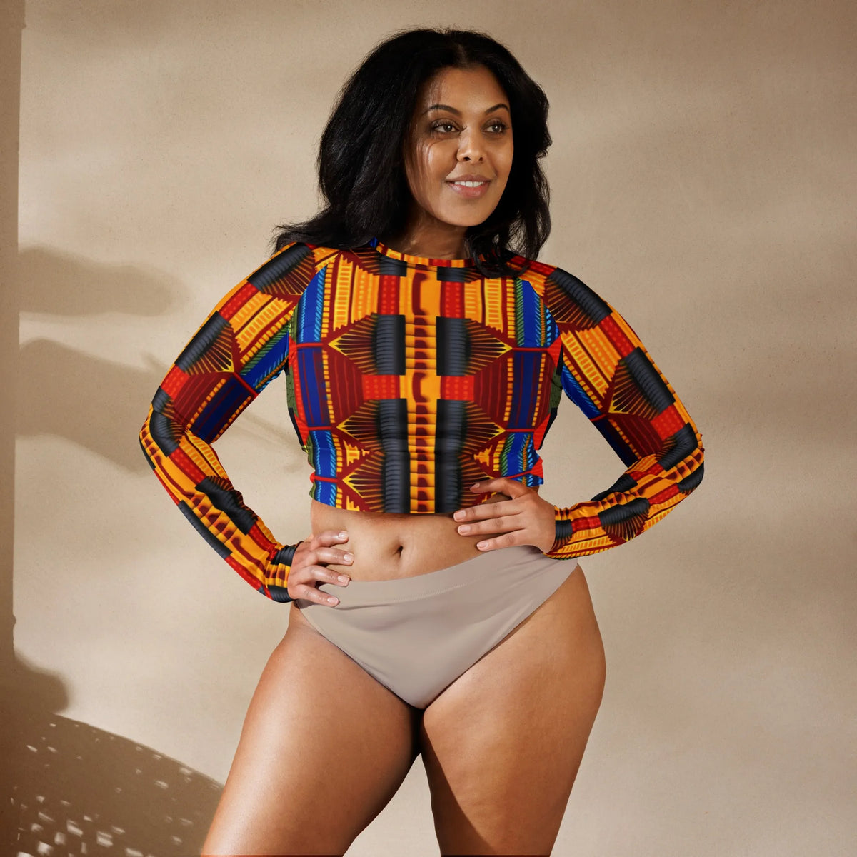 Yellow Blue African Kente Women's Longsleeve Crop Top