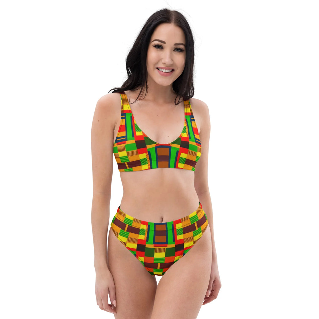 Kente African Print Vintage Floral High-Waisted Two Piece Swimwear for Women - S, 1