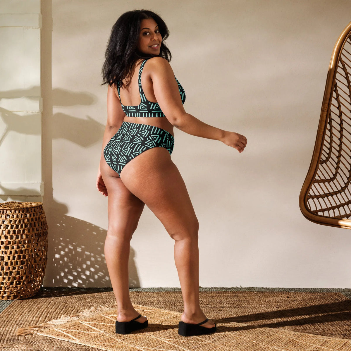 Green Black Pattern Women Recycled High-waisted Bikini