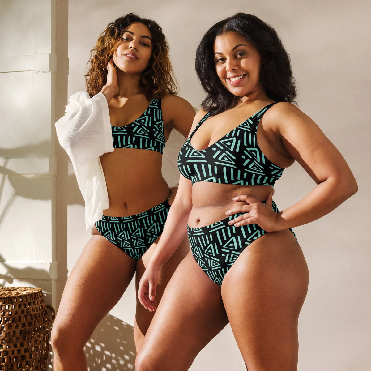 Green Black Pattern Women Recycled High-waisted Bikini