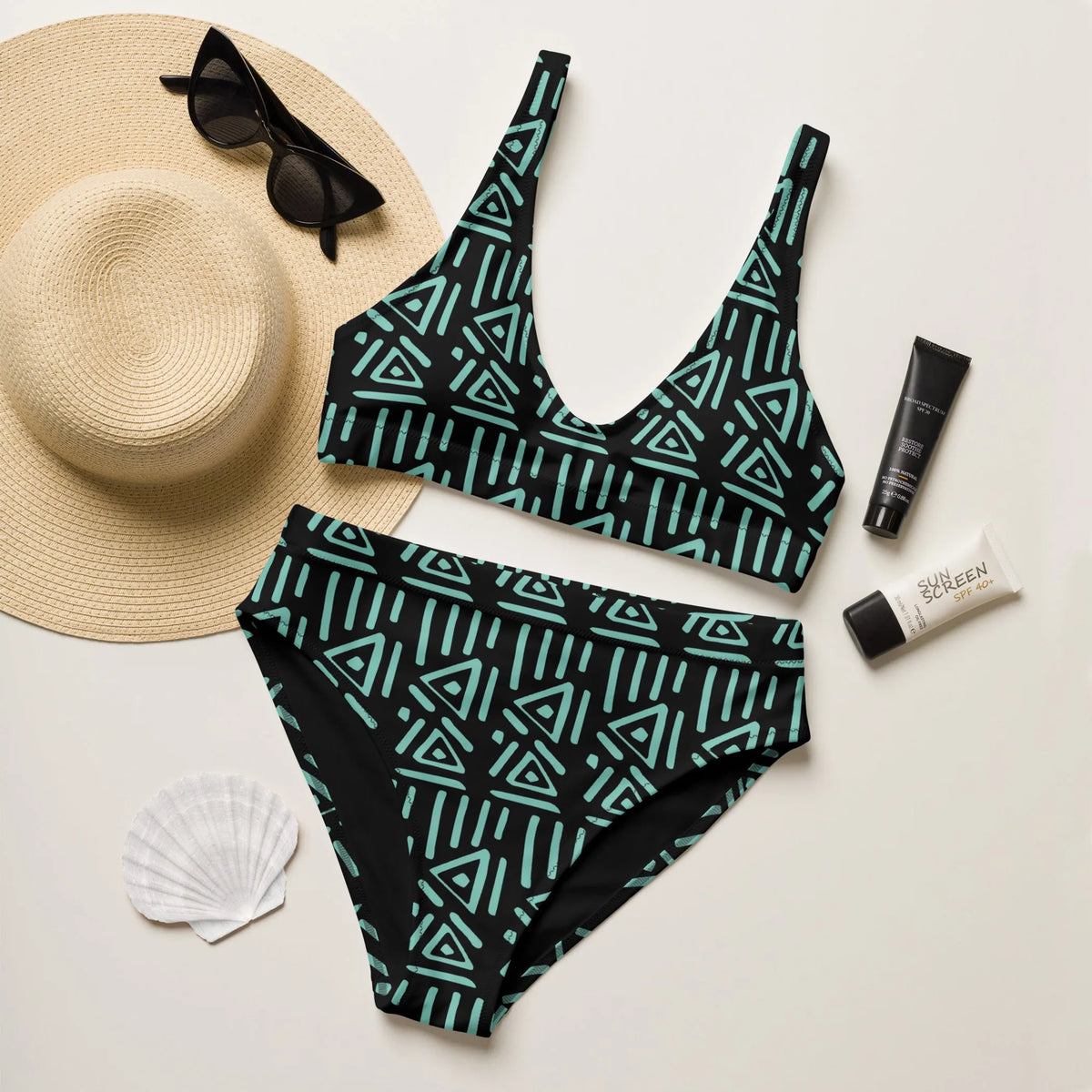 Green Black Pattern Women Recycled High-waisted Bikini