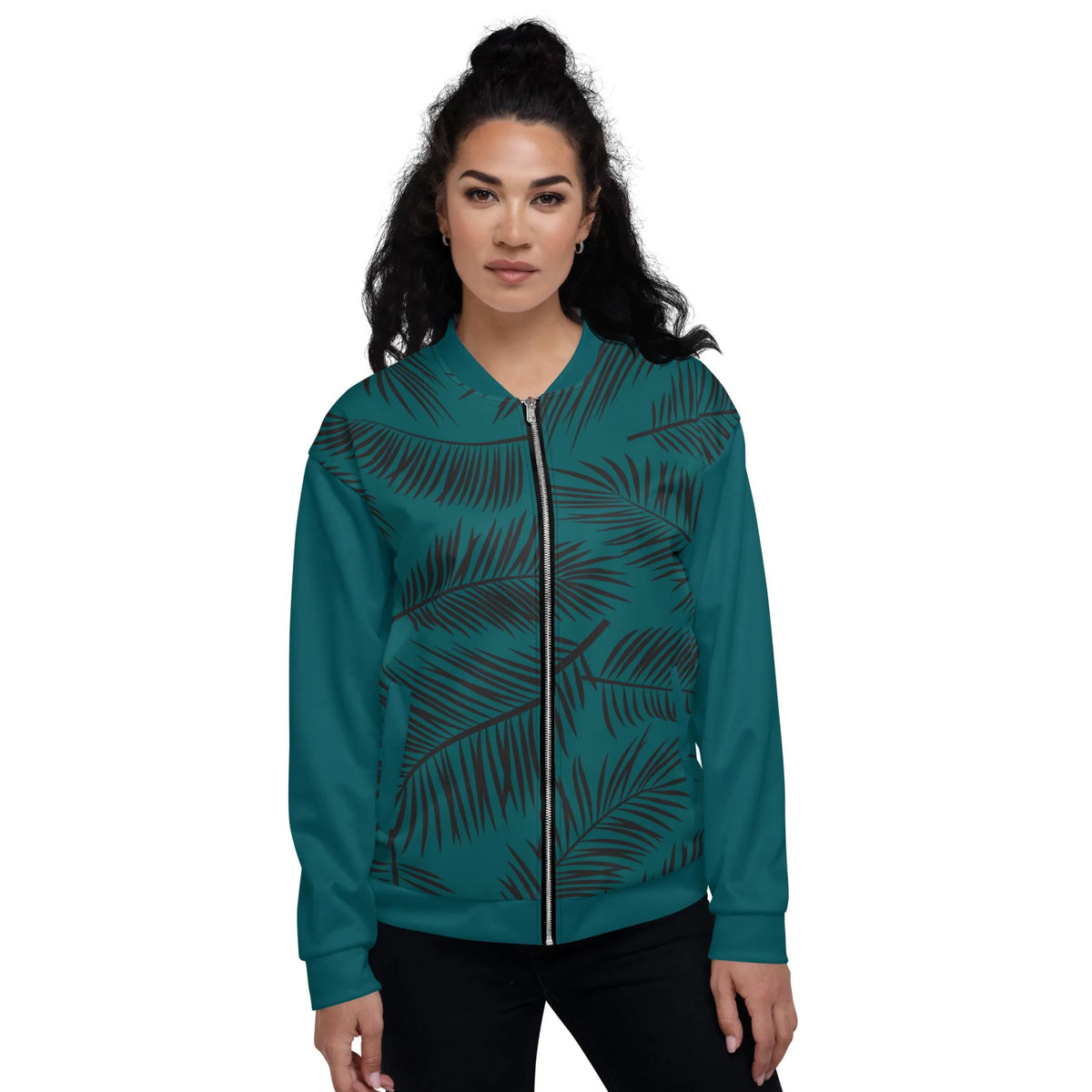 Unisex Bomber Jacket - Green leaf pattern, M, 1
