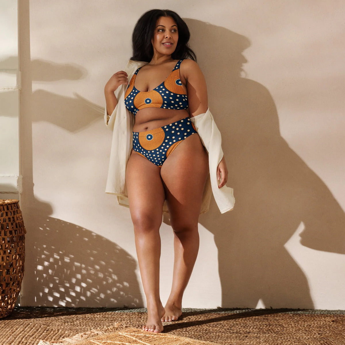 Dark Blue and Orange Vintage High-Waisted Two Piece Swimwear for Women