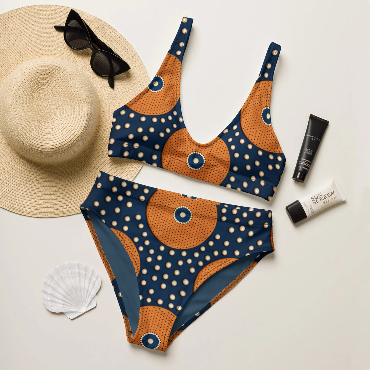 Dark Blue and Orange Vintage High-Waisted Two Piece Swimwear for Women