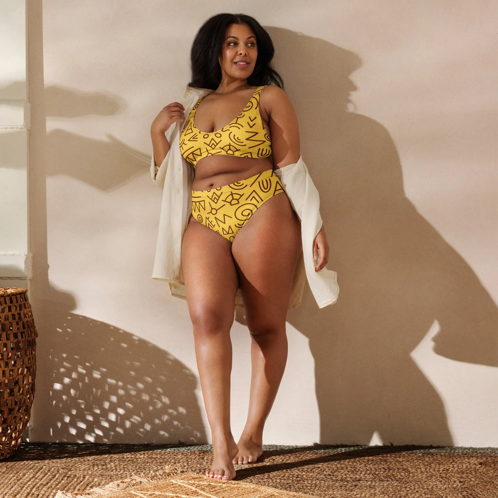 Yellow and Brown Pattern Women Recycled High-Waisted Bikini