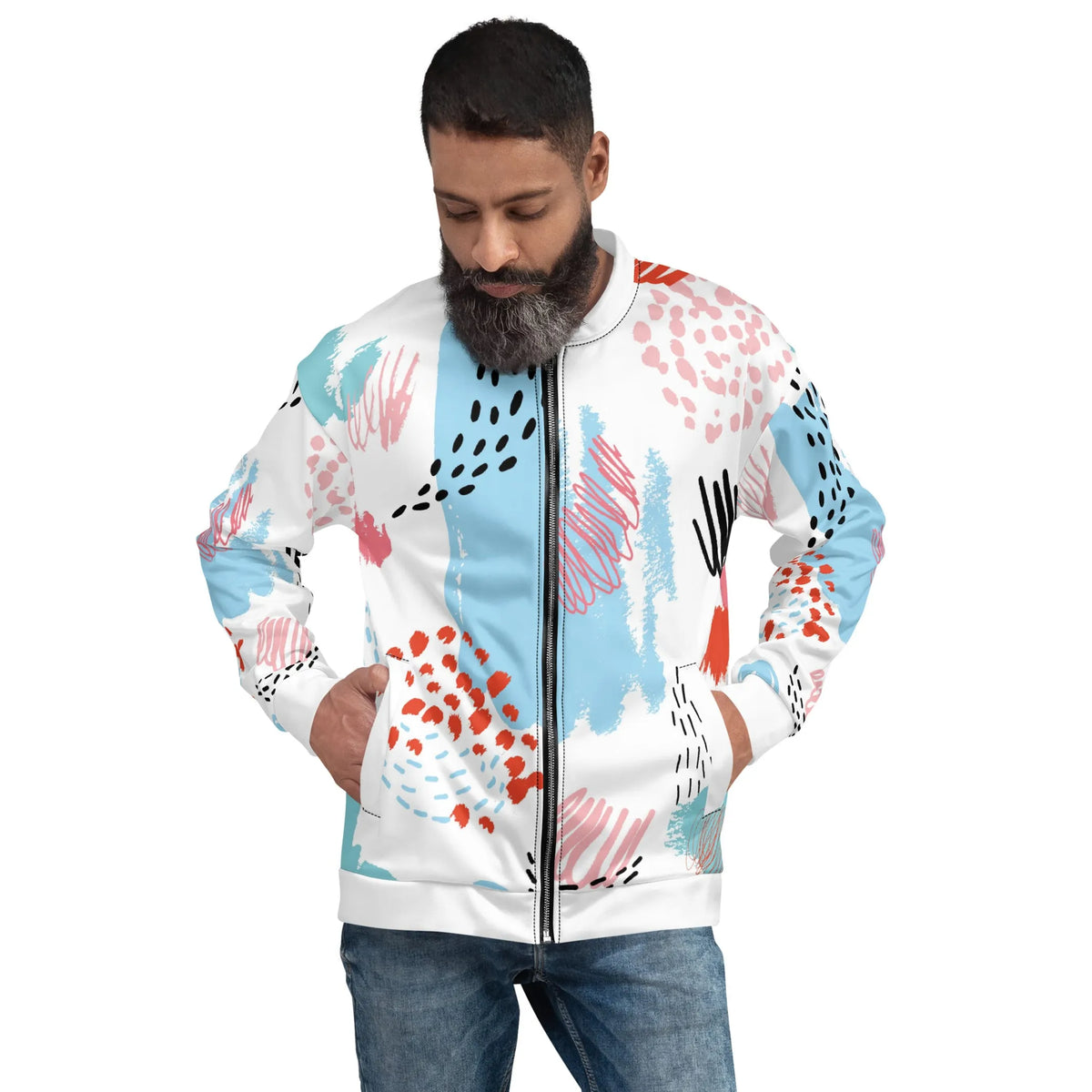 Unisex Bomber Jacket - White blue and red, L, 1