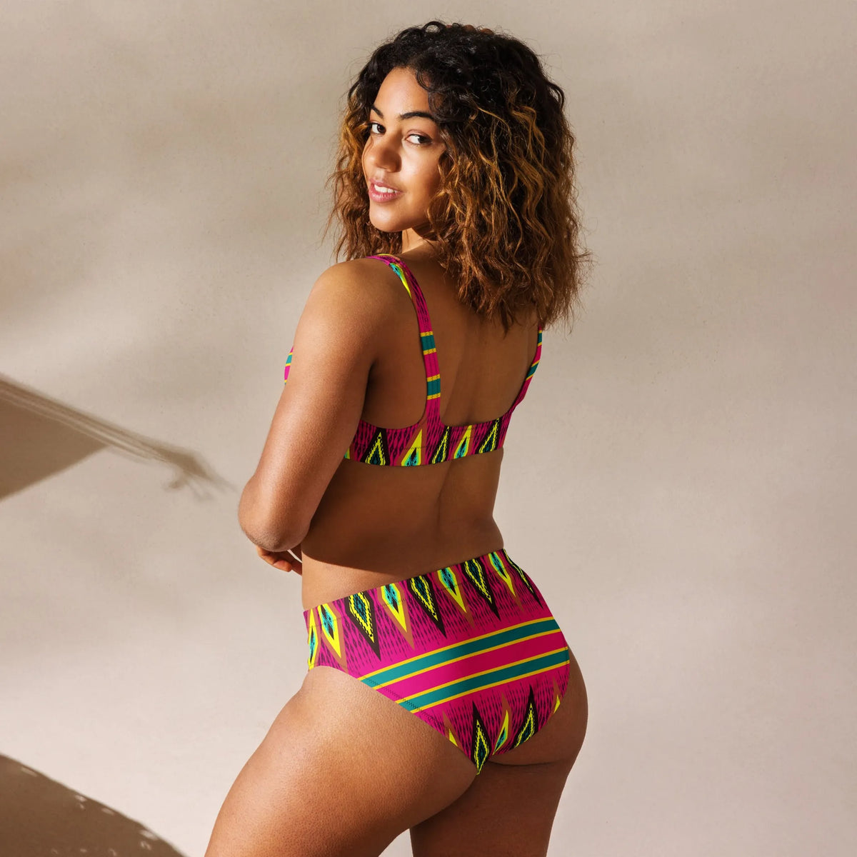 Pink Yellow African Print Recycled High Waisted Bikini for Women