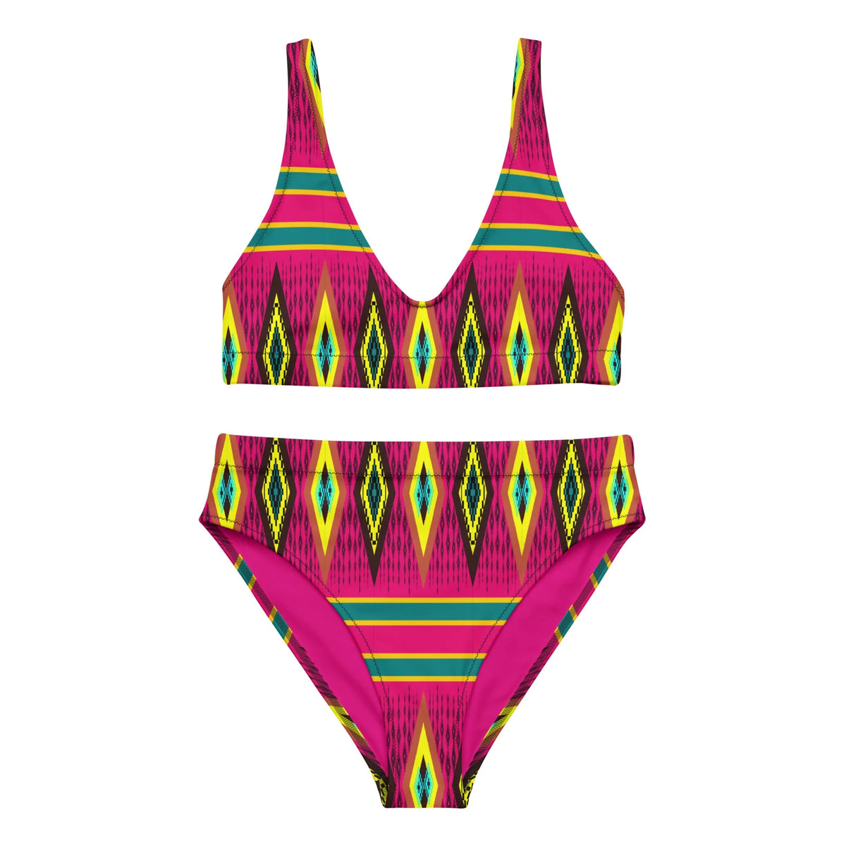 Pink Yellow African Print Recycled High Waisted Bikini for Women - 2XL, 1