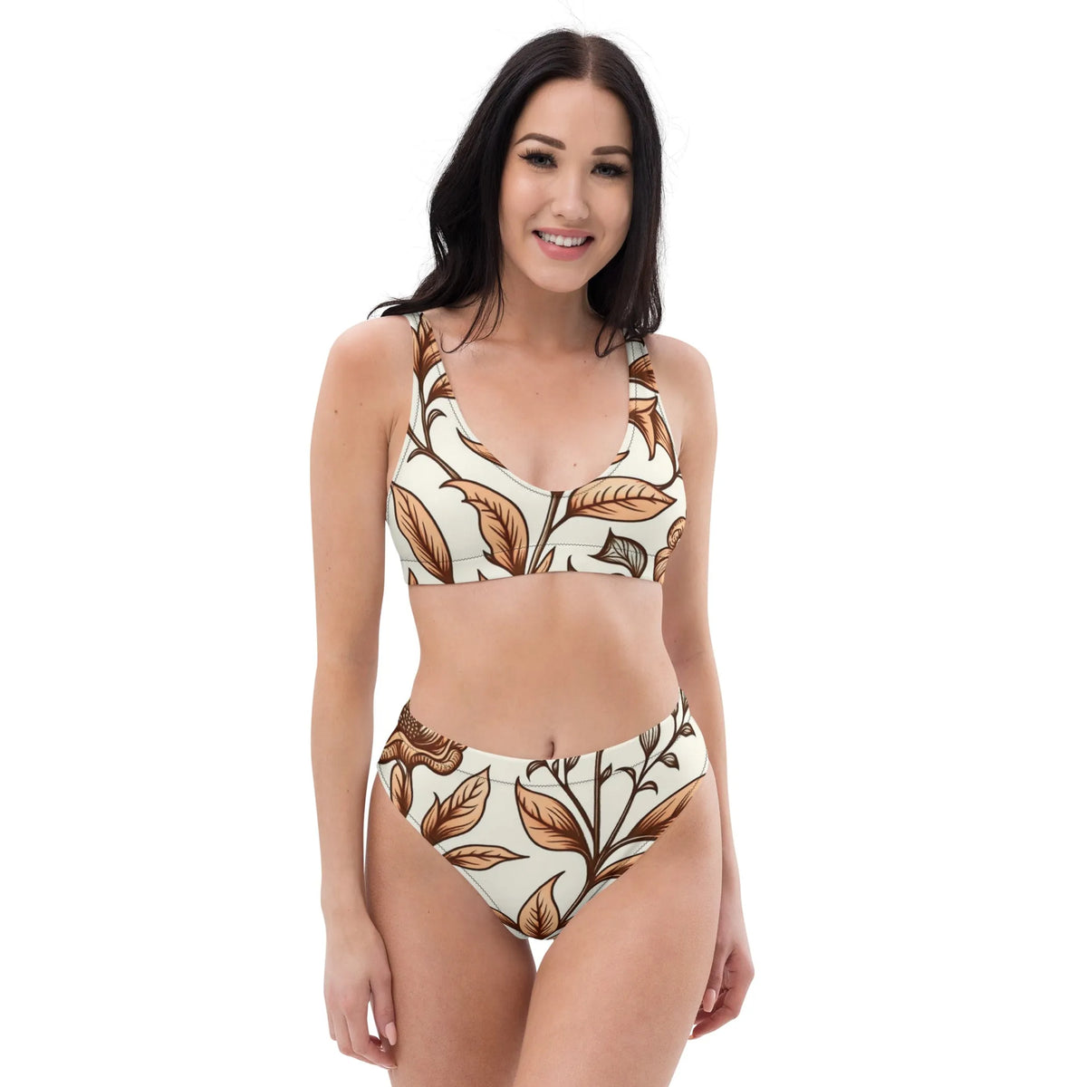 Leaf Brown Cream Vintage Floral High-Waisted Two Piece Swimwear for Women - XS, 1