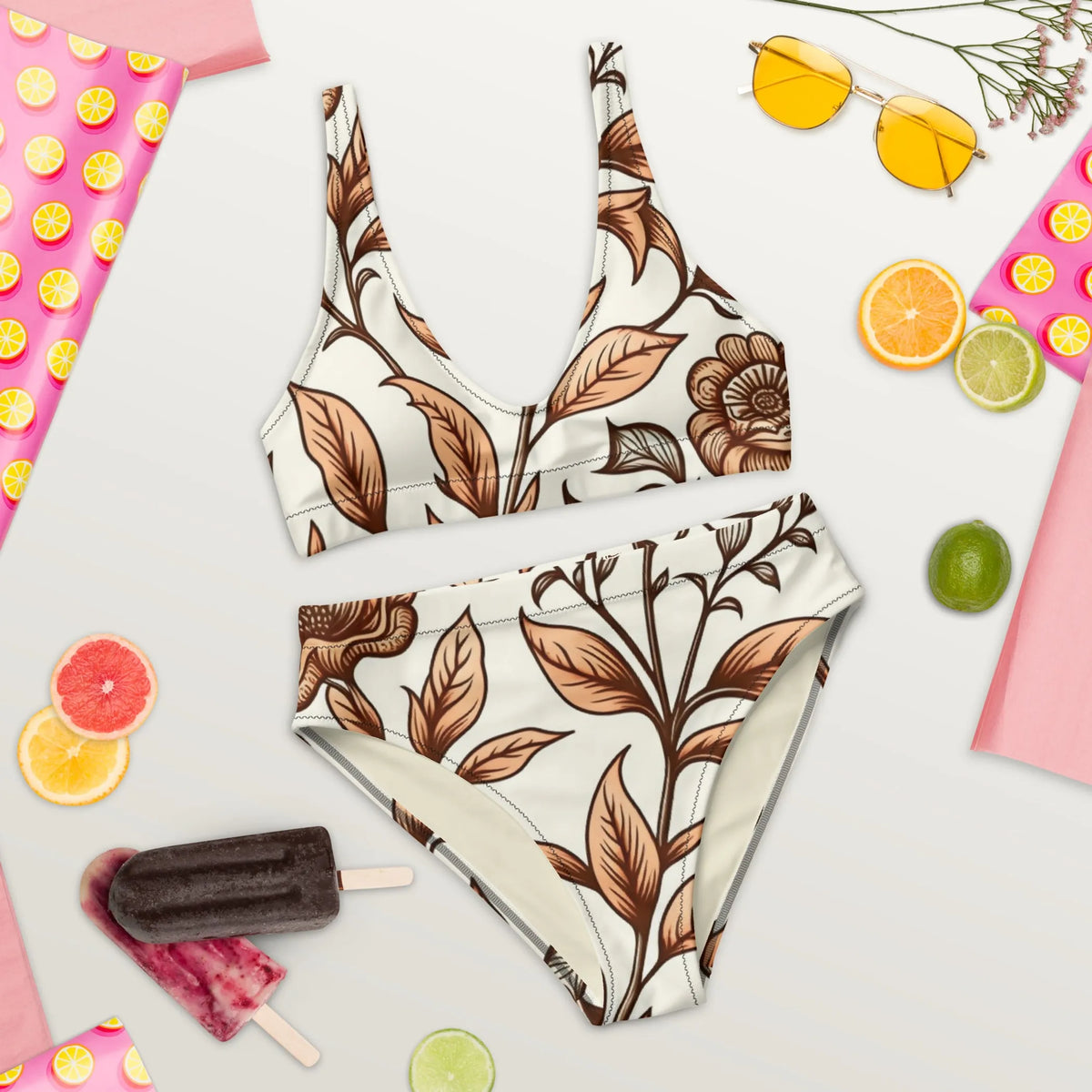 Leaf Brown Cream Vintage Floral High-Waisted Two Piece Swimwear for Women