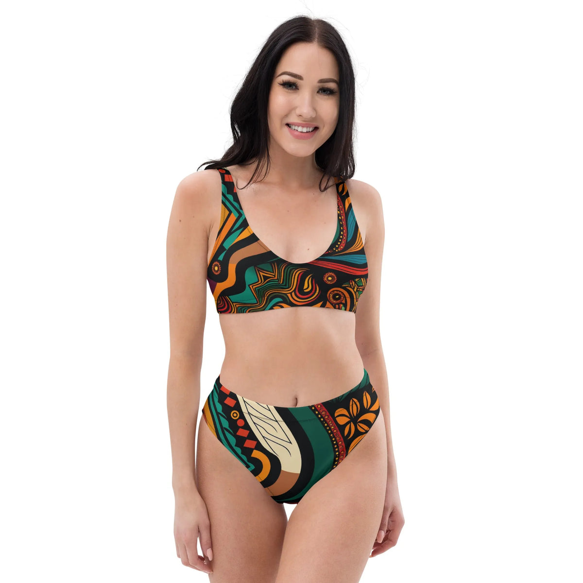 Green and Yellow Safari African Print High-Waisted Recycled Two Piece Swimwear for Women