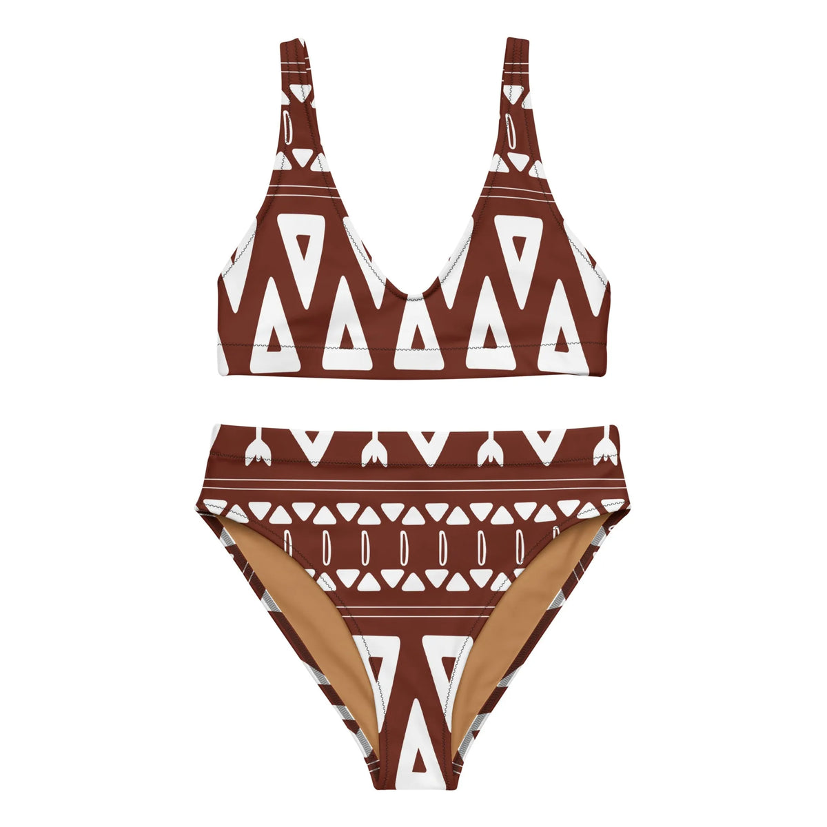 Brown African Pattern Women Recycled High-waisted Bikini - XS, 1