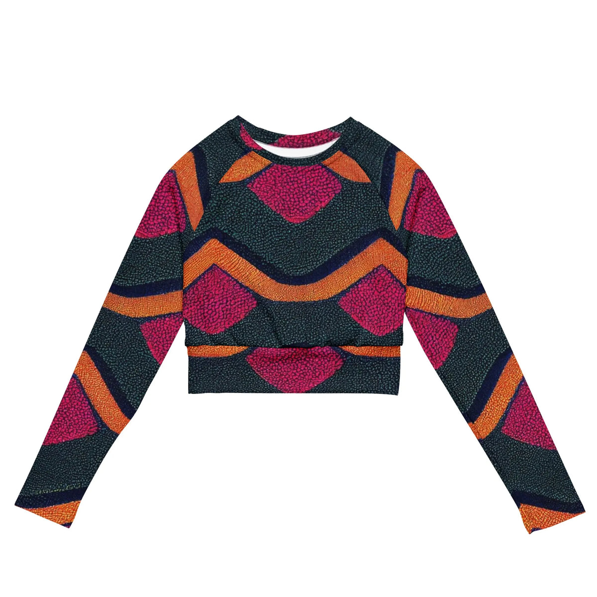 Pink and Green African Ankara Print Recycled Polyester Women's Long Sleeve Crop Top