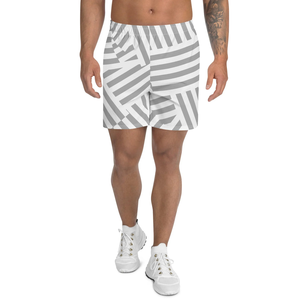White and Grey Striped Pattern Athletic Shorts - M, 1