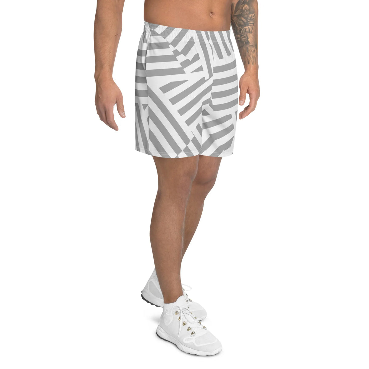 White and Grey Striped Pattern Athletic Shorts