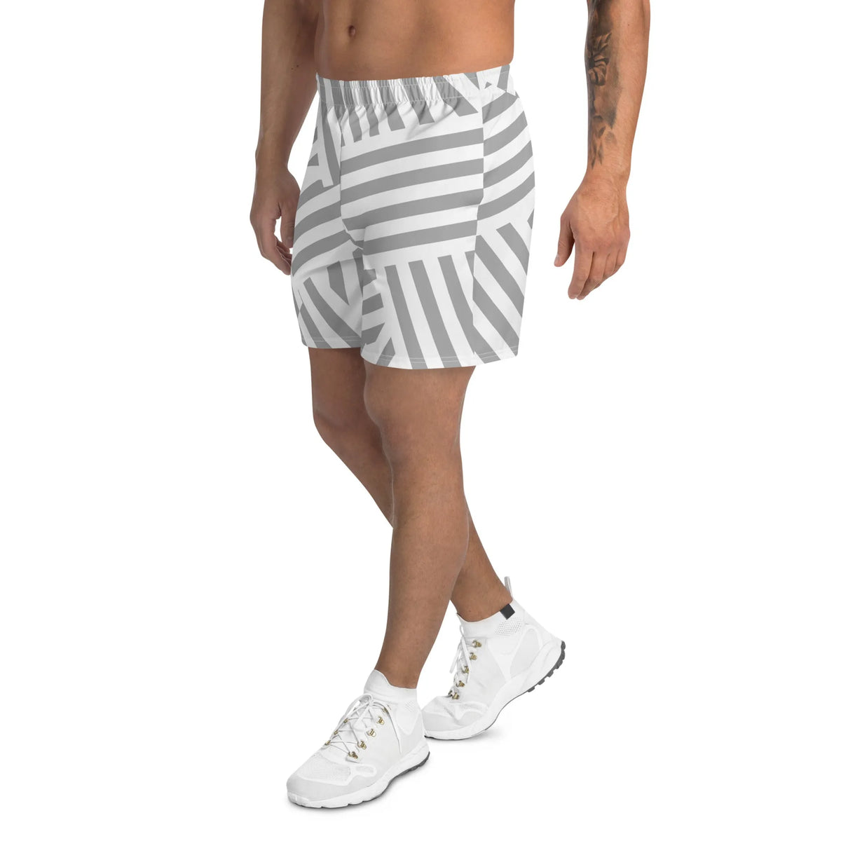 White and Grey Striped Pattern Athletic Shorts