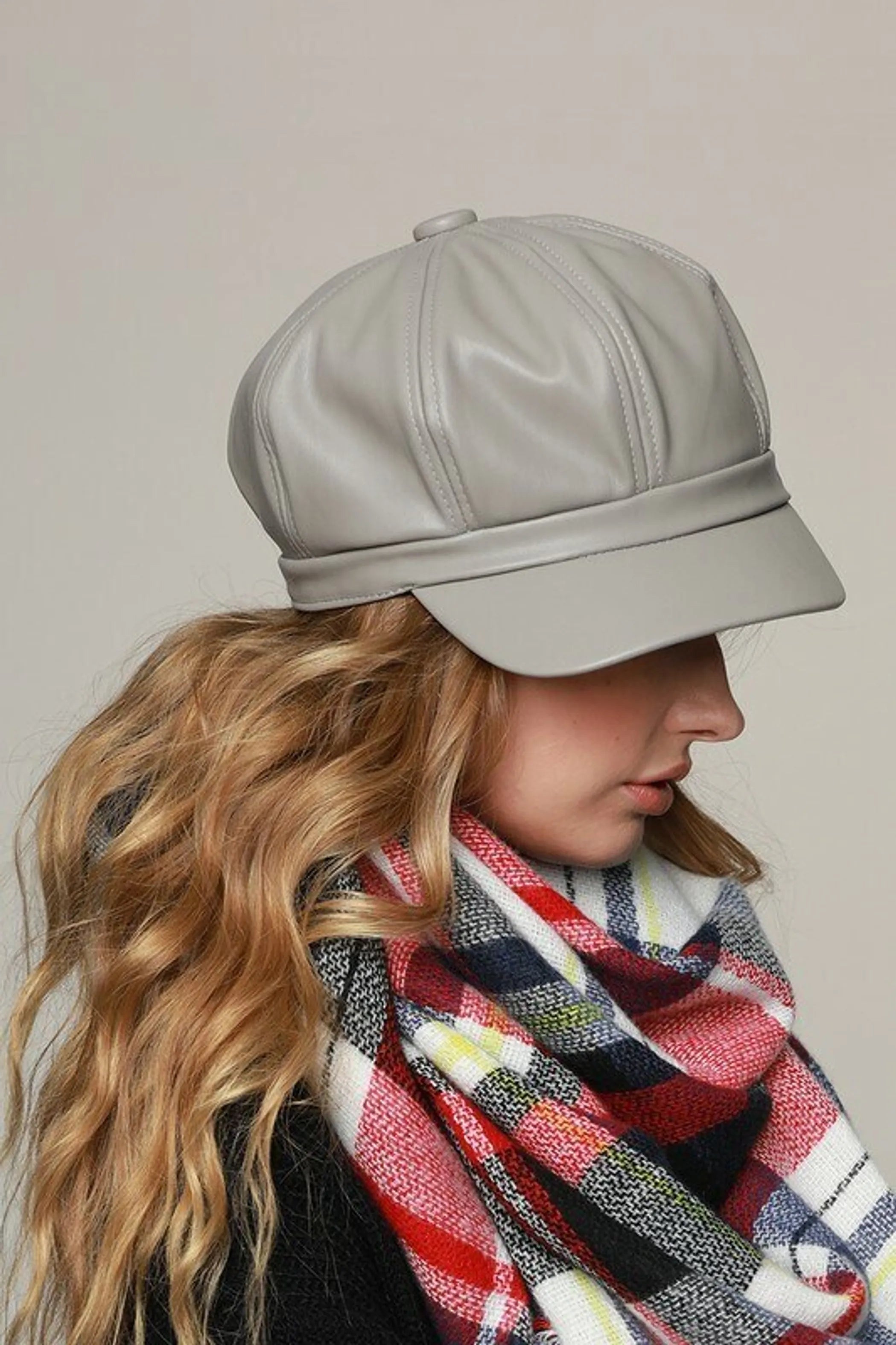 Vegan Leather Newsboy Hat Grey