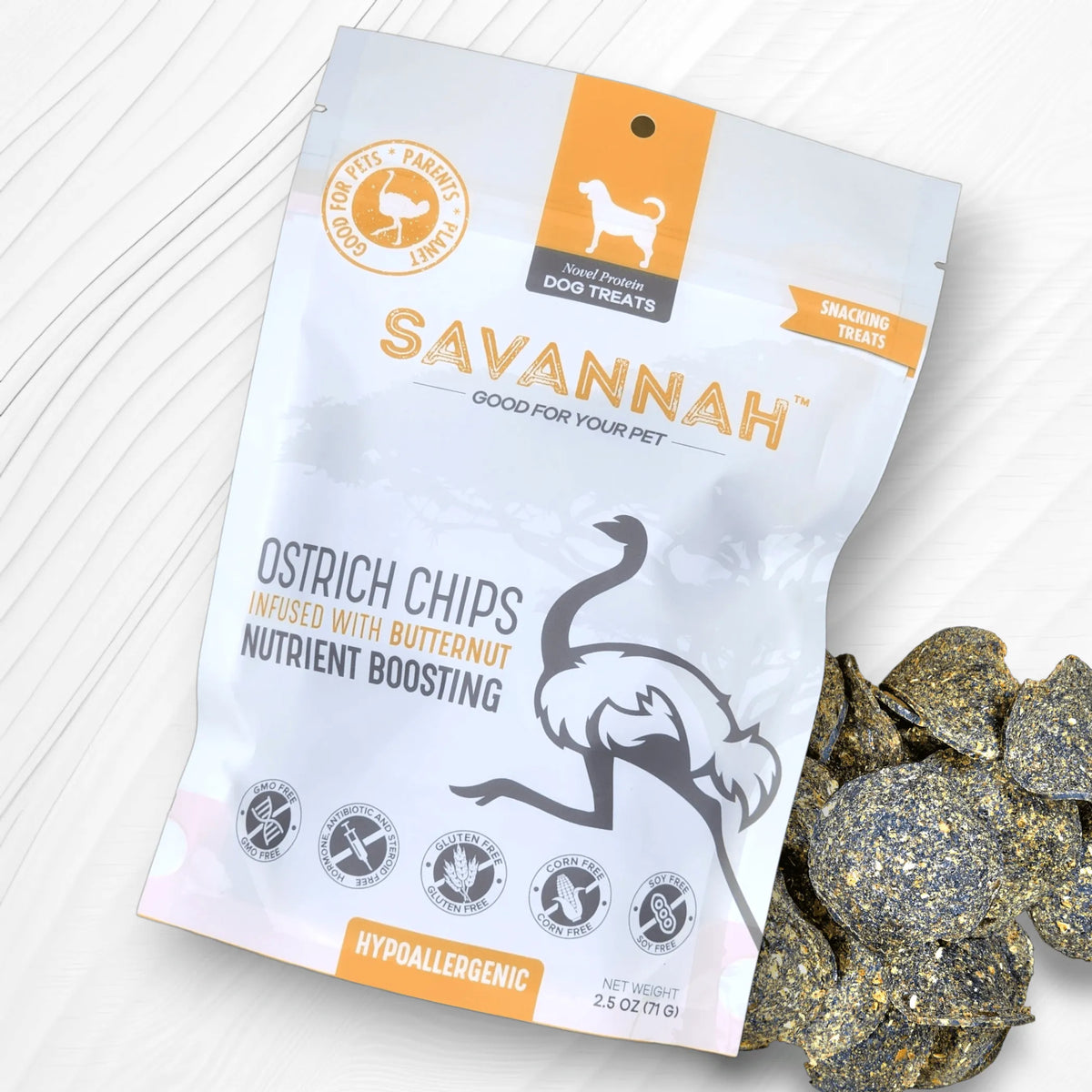 Ostrich Chips with Butternut : The Flavorful, Hypoallergenic Treat for Dogs with Sensitive Stomachs - 2.5, 8