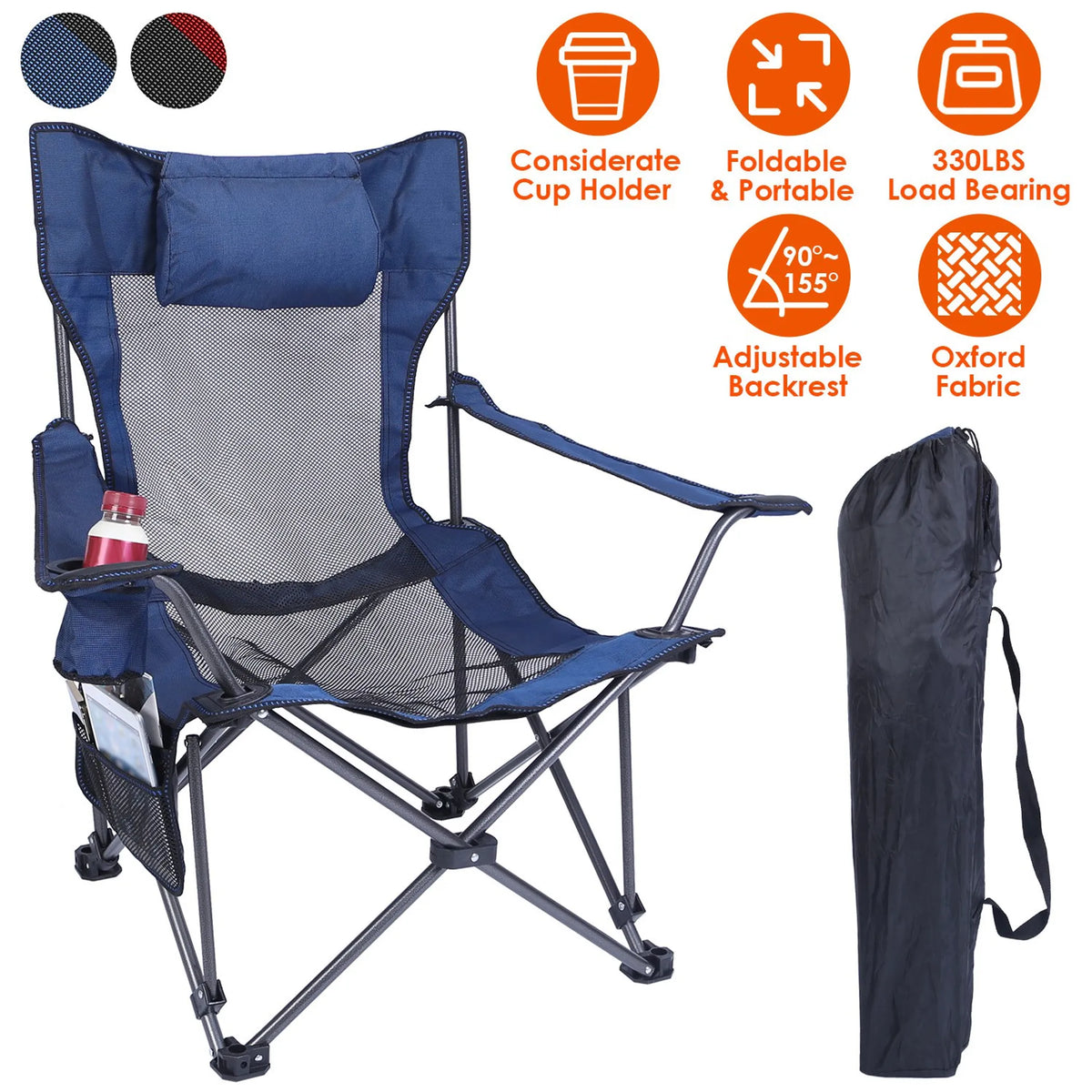 Foldable Camping Chair 330LBS Load Heavy Duty Steel Lawn Chair