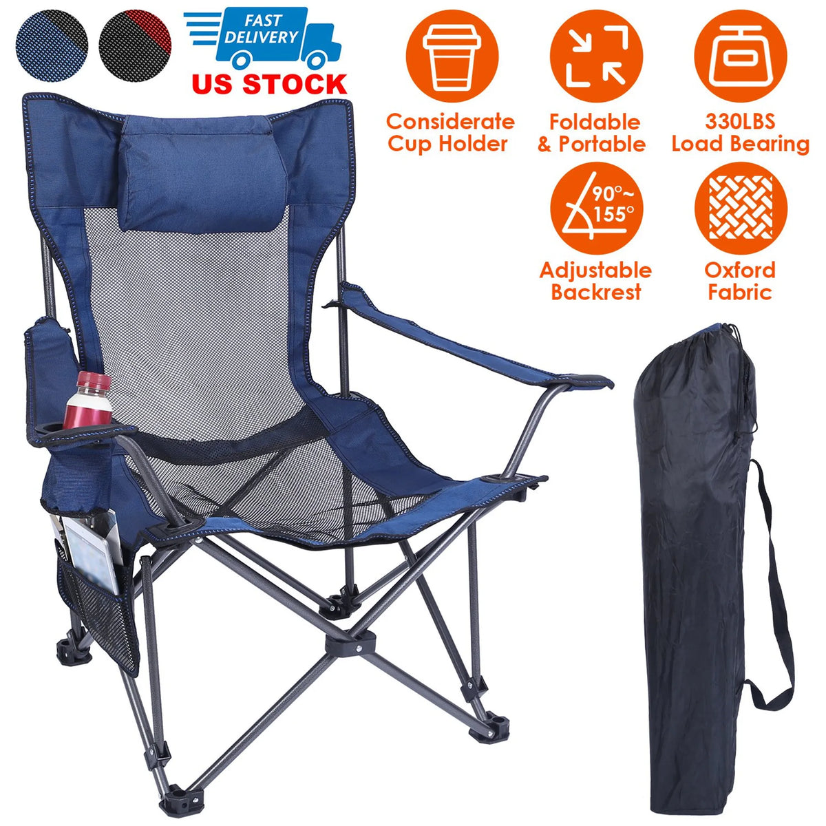 Foldable Camping Chair 330LBS Load Heavy Duty Steel Lawn Chair