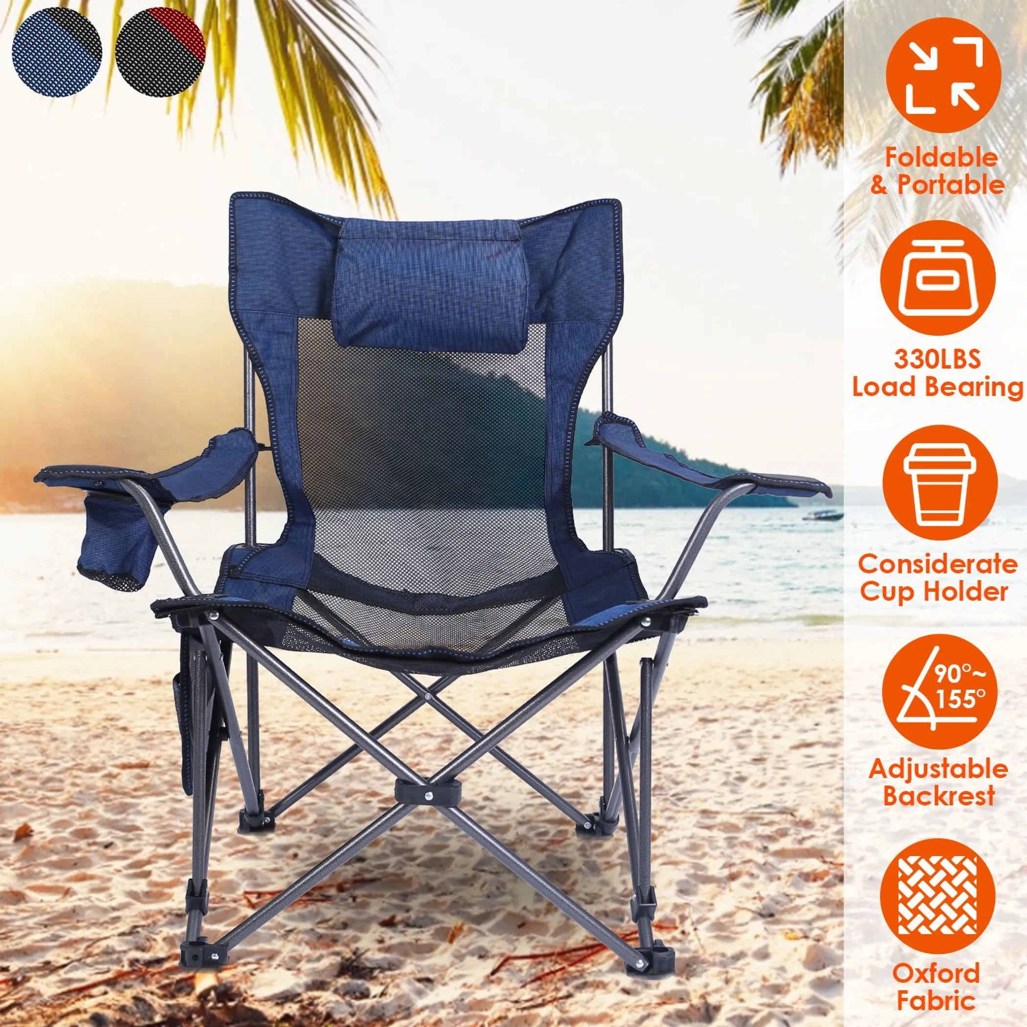 Foldable Camping Chair 330LBS Load Heavy Duty Steel Lawn Chair