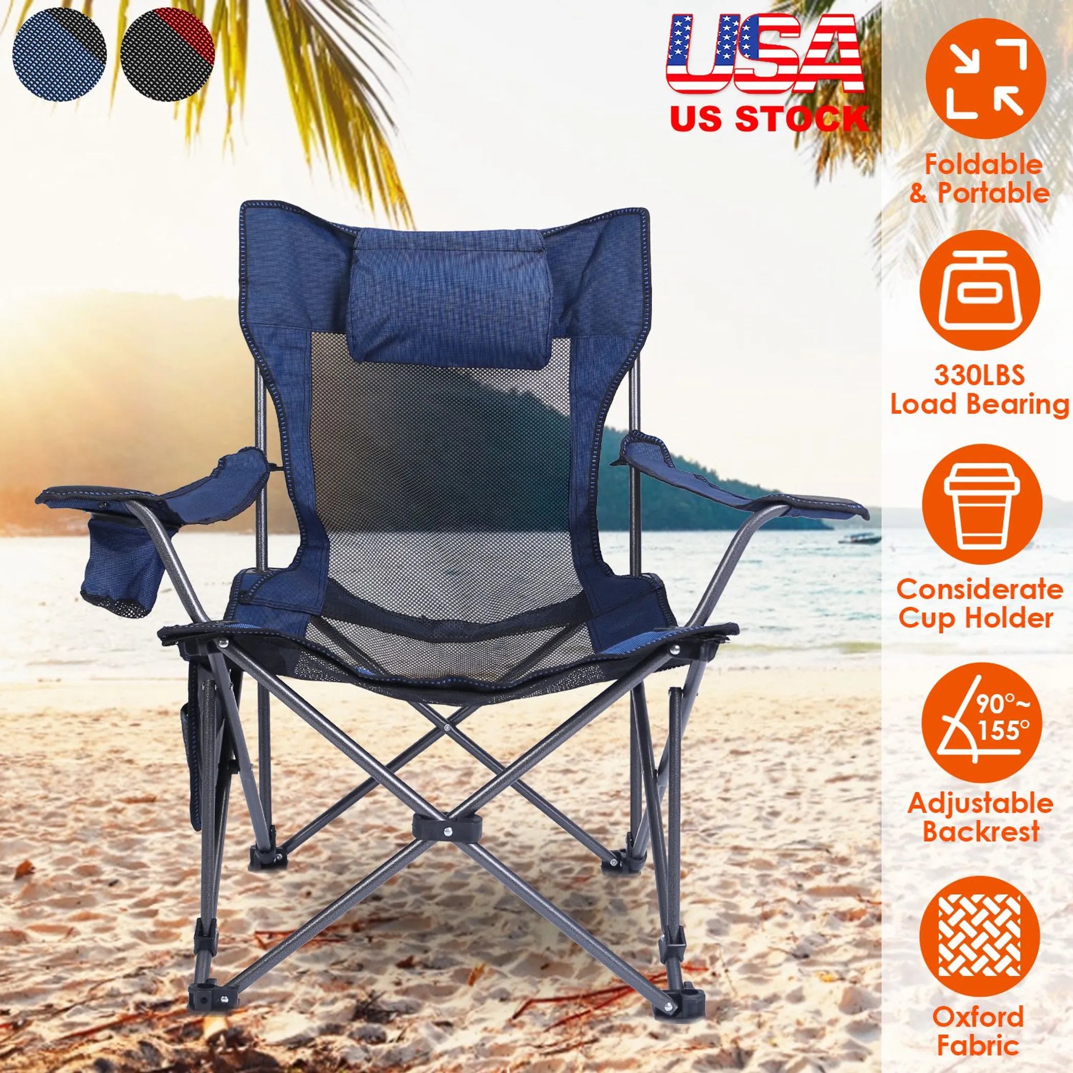 Foldable Camping Chair 330LBS Load Heavy Duty Steel Lawn Chair