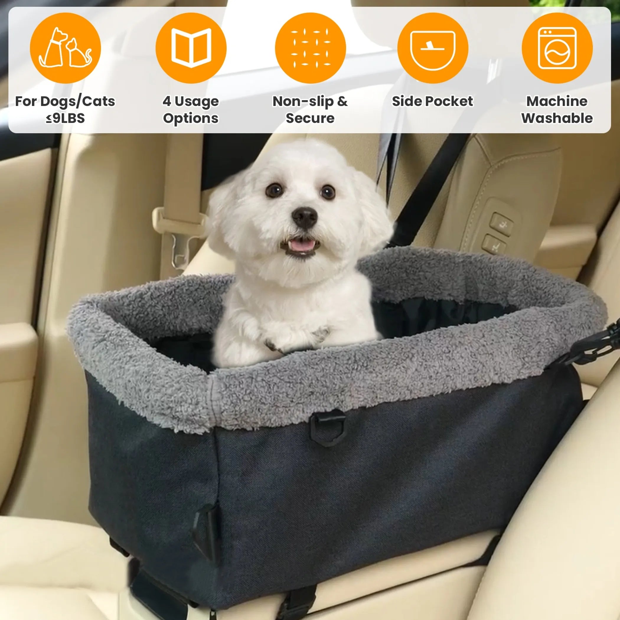 Small Dog Car Seat with Harness Center Console Pet