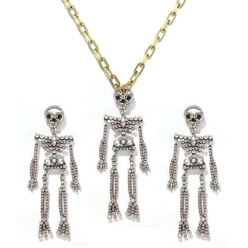 Rhinstone Inlaid Skeleton Pendant Halloween Punk Fashion Costume Alloy Necklace and Earrings Set - Luminous Colorful
