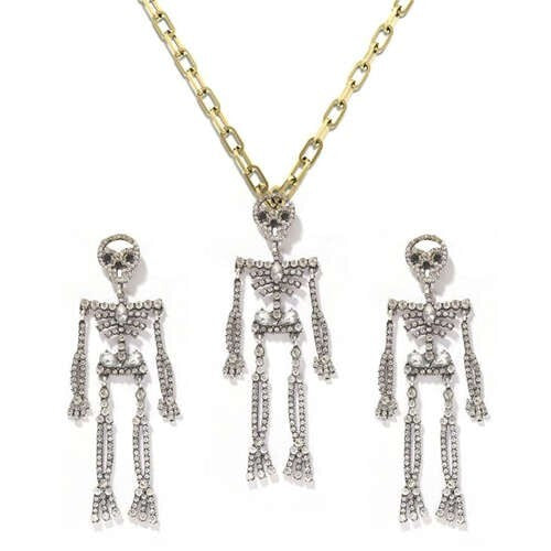 Rhinstone Inlaid Skeleton Pendant Halloween Punk Fashion Costume Alloy Necklace and Earrings Set - White