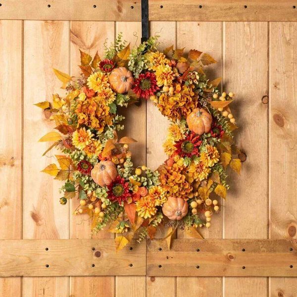 Color: As shown - 45x45cm Fall Autumn Harvest Pumpkin Berry Wreath Maple Leaves Flower Wreaths For Thanksgiving Festive Party Supplies 26Y0202