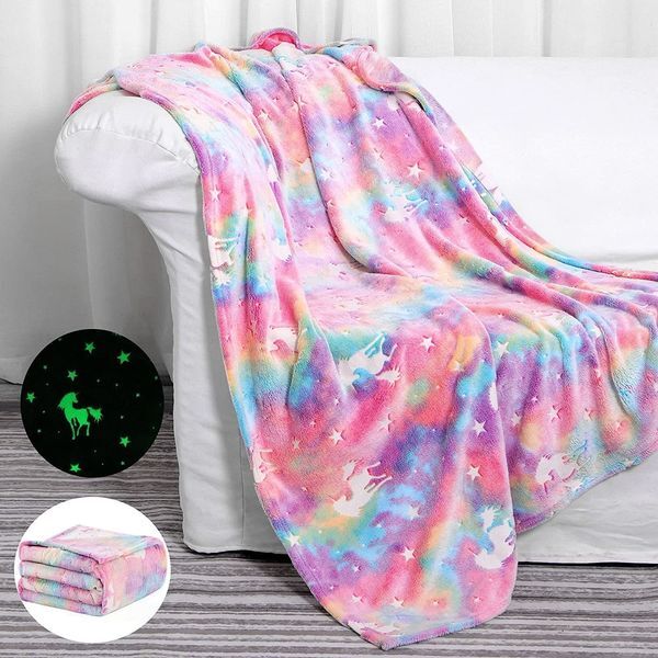 Size: 70x100cm - Blankets Glow in The Dark Blanket Unicorn for Girls Soft Kids Blankets for 1-12 Year Old Girl Birthday Christmas Thanksgiving Easter Gift 230320