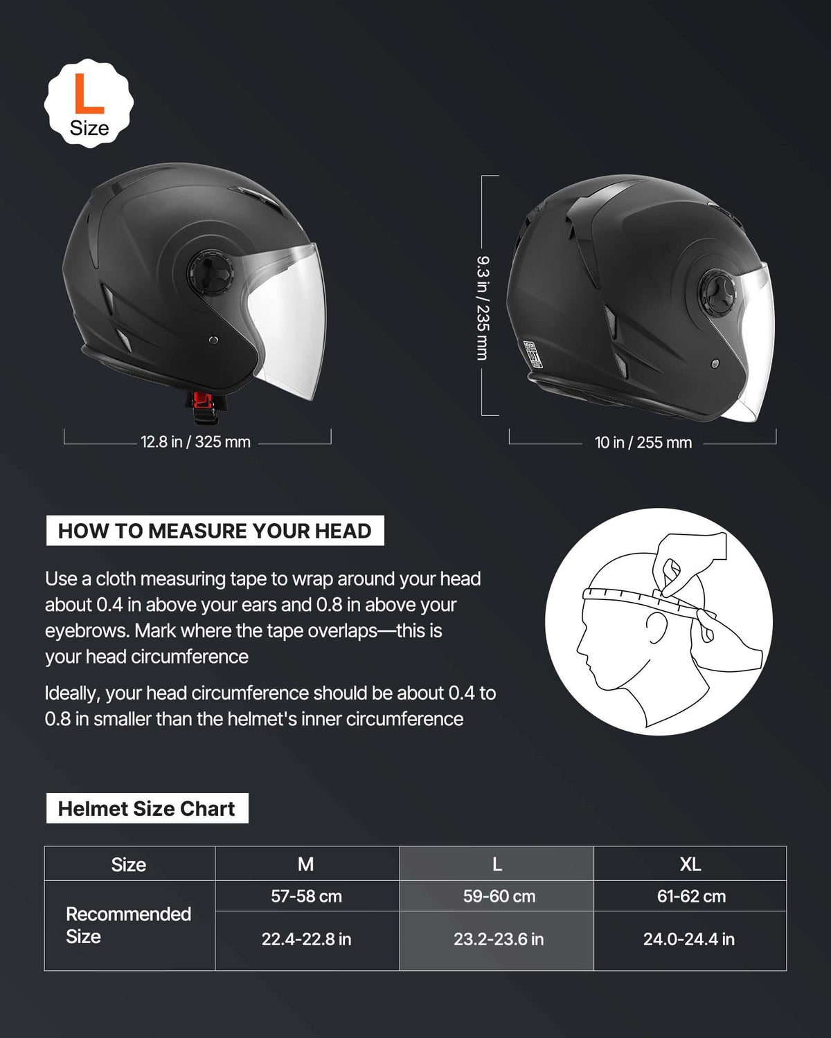 Motorcycle Helmet, 3/4 Open Face, Adult Motocross Dirt Bike Helmet with Clear Visor, Comfortable Motorbike Racing Street with Detachable Liner for Men & Women, DOT Approved, (Matte Black, L)