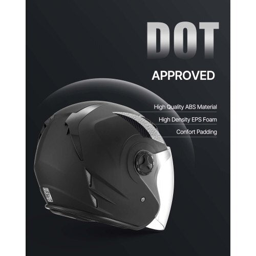 Motorcycle Helmet, 3/4 Open Face, Adult Motocross Dirt Bike Helmet with Clear Visor, Comfortable Motorbike Racing Street with Detachable Liner for Men & Women, DOT Approved, (Matte Black, L)