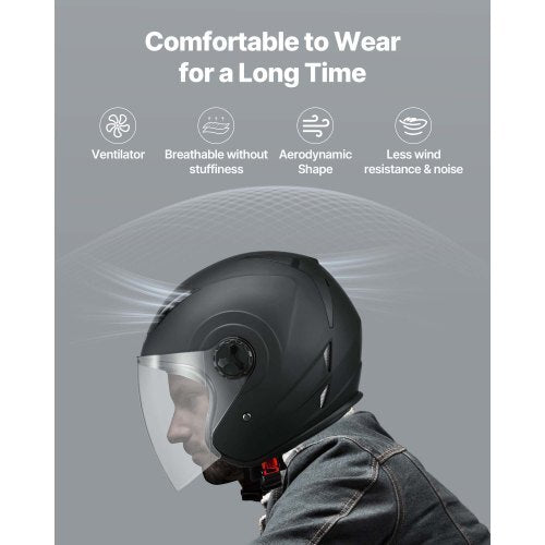 Motorcycle Helmet, 3/4 Open Face, Adult Motocross Dirt Bike Helmet with Clear Visor, Comfortable Motorbike Racing Street with Detachable Liner for Men & Women, DOT Approved, (Matte Black, L)