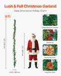 Christmas Garland, 9-Ft Artificial Christmas Garland with Light String, Faux Greenery Decoration with Berry Clusters, Pine Needles, Pine Cones, Realistic Xmas Collection for Mantel & Fireplace