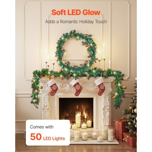 Christmas Garland, 9-Ft Artificial Christmas Garland with Light String, Faux Greenery Decoration with Berry Clusters, Pine Needles, Pine Cones, Realistic Xmas Collection for Mantel & Fireplace