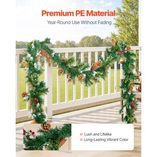 Christmas Garland, 9-Ft Artificial Christmas Garland with Light String, Faux Greenery Decoration with Berry Clusters, Pine Needles, Pine Cones, Realistic Xmas Collection for Mantel & Fireplace