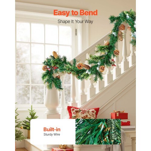 Christmas Garland, 9-Ft Artificial Christmas Garland with Light String, Faux Greenery Decoration with Berry Clusters, Pine Needles, Pine Cones, Realistic Xmas Collection for Mantel & Fireplace