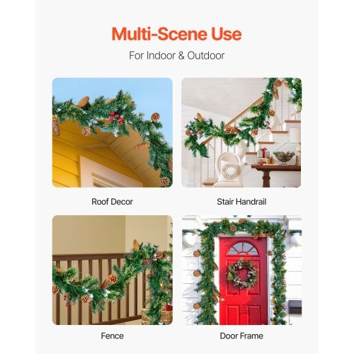 Christmas Garland, 9-Ft Artificial Christmas Garland with Light String, Faux Greenery Decoration with Berry Clusters, Pine Needles, Pine Cones, Realistic Xmas Collection for Mantel & Fireplace