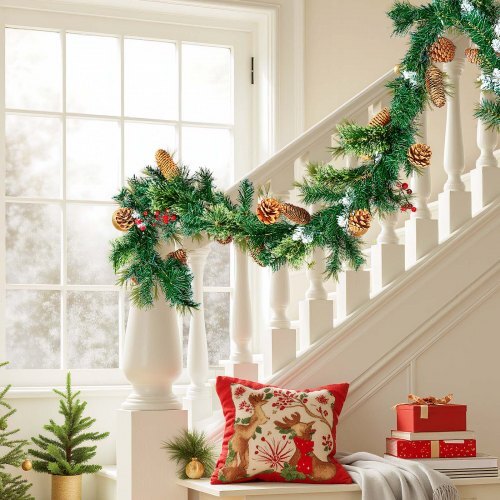 Christmas Garland, 9-Ft Artificial Christmas Garland with Light String, Faux Greenery Decoration with Berry Clusters, Pine Needles, Pine Cones, Realistic Xmas Collection for Mantel & Fireplace